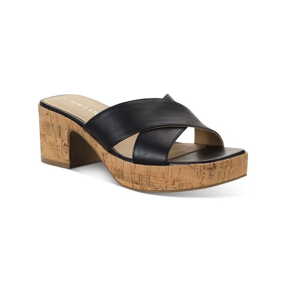 SUN STONE Womens Black Giigi Square Toe Block Heel Slip On Heeled Sandal 6 M